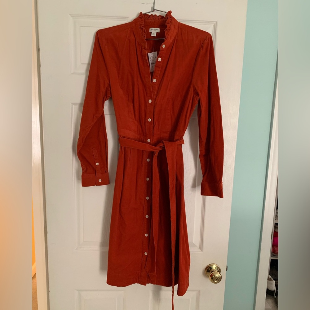 Ruffle collar burnt orange corduroy shirt dress